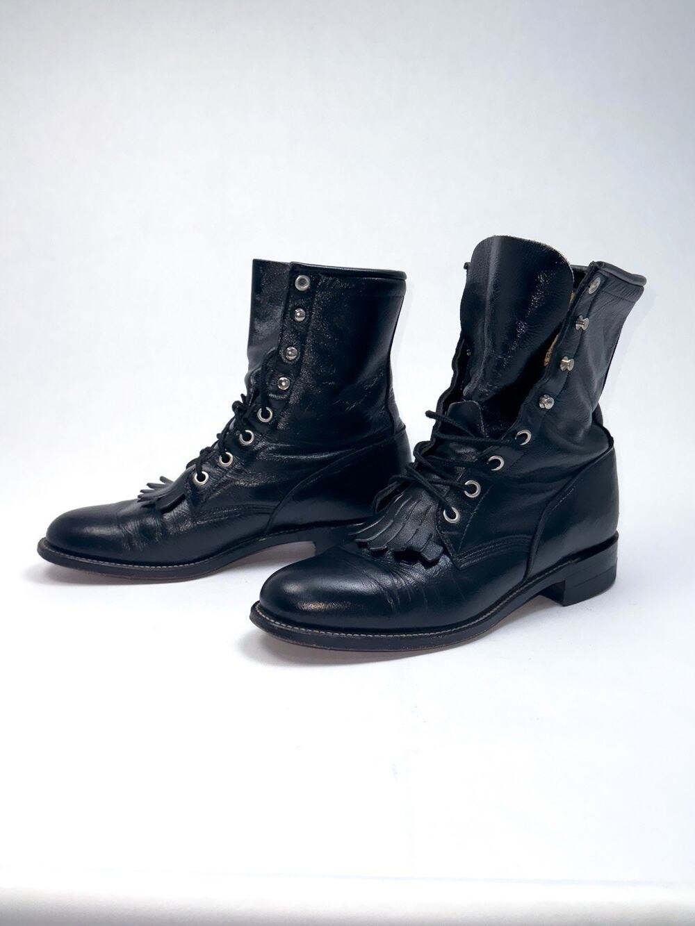 Vintage Justin Cowboy Boots Women’s Size 6 B Black Lace-Up Roper Kiltie #L0506